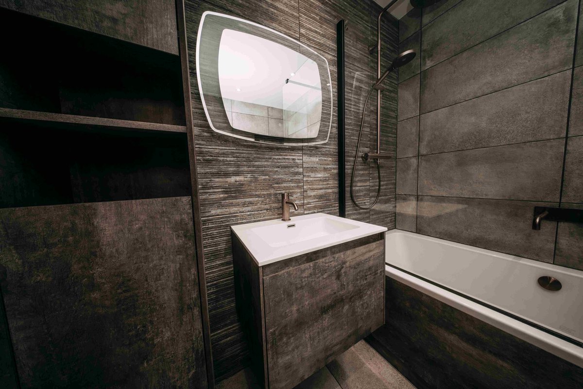 Floating vanity with LED mirror and open shelving